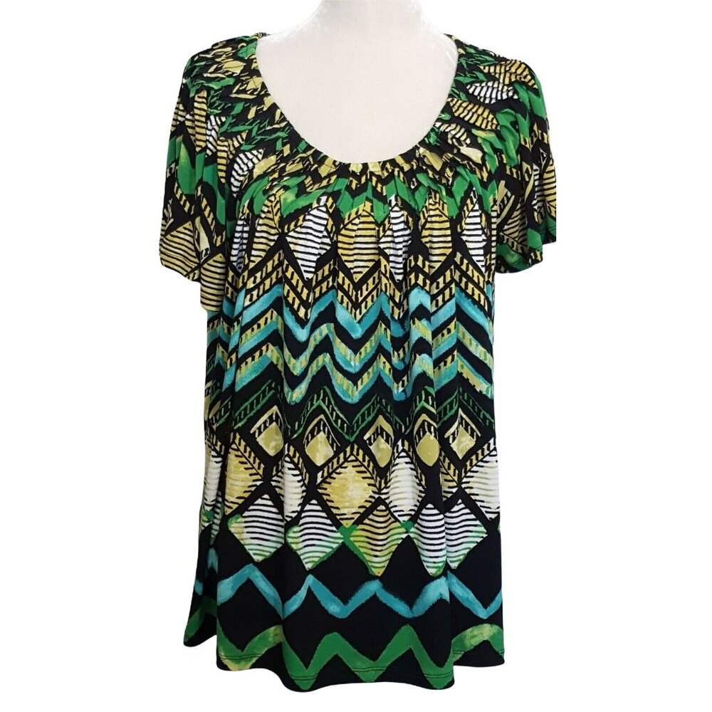 Valerie Stevens Women's Blouse Plus Size 1X Gathered Neckline Tribal Stretch